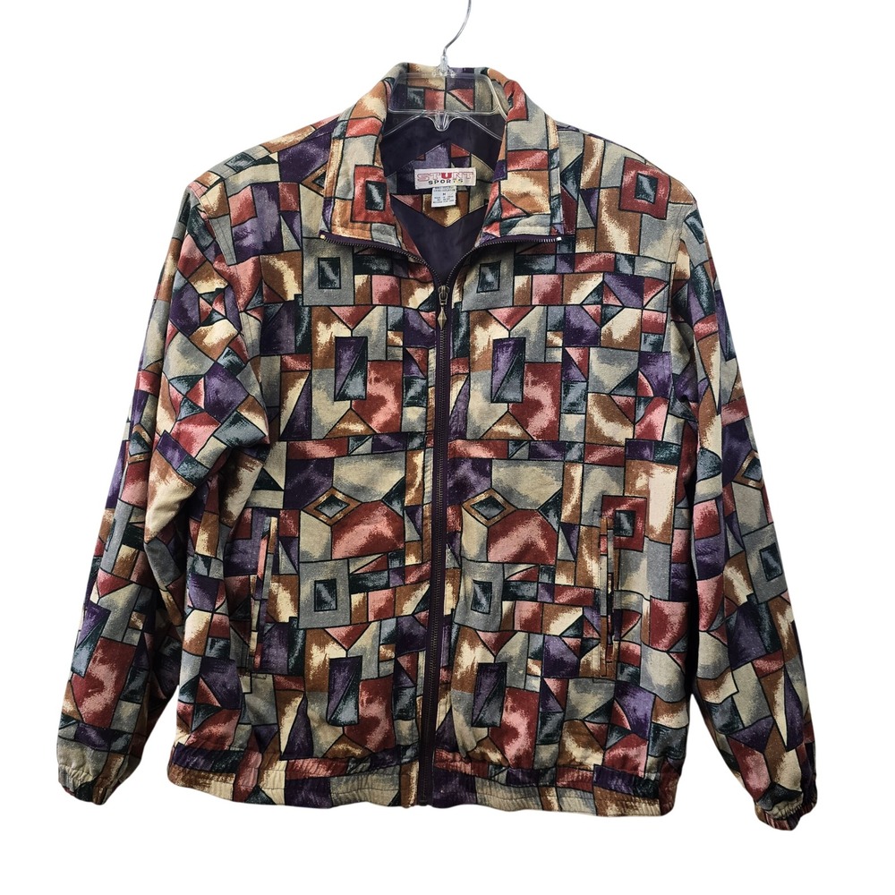 Vintage Stunt Sports 100% Silk Geometric‎ Abstract Bomber Track Jacket Womens M